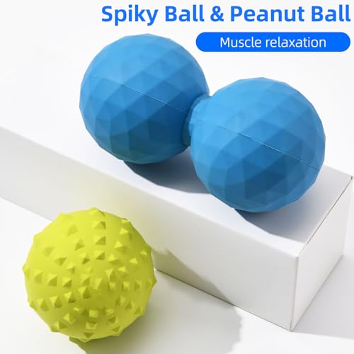 Peanut & Spiky Massage Ball Set, Double Lacrosse Peanut Roller + Firm Spiky Ball for Deep Tissue Myofascial Release, Trigger Point Therapy, Plantar Fasciitis & Muscle Recovery (Blue+Yellow) - color: Blue+yellow