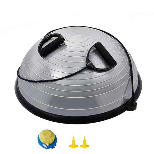 VEVOR Half Exercise Ball Trainer, 23/26 inch Balance Ball Trainer, 1500lbs Capacity Stability Ball, Yoga Ball with Resistance Bands & Foot Pump, Strength Fitness Ball for Home Gym Full Body Workout - color: 23" Ripple Gray