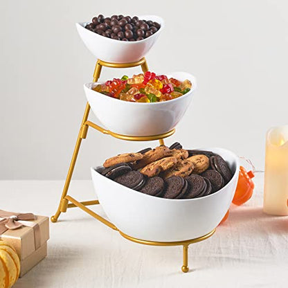 LYEOBOH 3 Tier Serving Bowls Set, Porcelain Oval Bowls with Stand for Party - color: Gold, style: Oval bowls