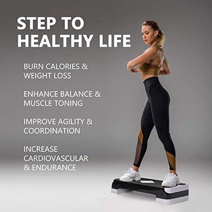 Adjustable Workout Aerobic Stepper, Aerobic Exercise Step Platform with 2 Risers, Exercise Step Deck for Fitness, 26.5" Trainer Stepper with Non-Slip Surface Home Gym & Extra Risers Options - color: Gray&Black