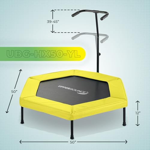 Upper bounce mini Workout Trampoline Adjustable tshaped handrail – Hexagonal rebounder Kids & Adults – Fitness Trampoline Equipment Supports up 220lbs. (Yellow, 50 Inches)