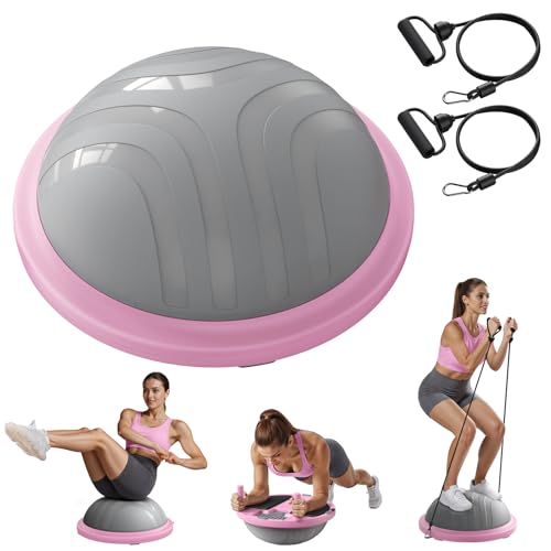 MERACH Balance Ball Trainer, 18 Inch Half Exercise Ball with Resistance Bands and Foot Pump, Half Yoga Ball for Core Strength Training, 450lb Capacity - color: Pink