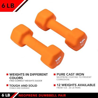 JFIT Dumbbell Pairs or Sets – Neoprene & Vinyl Coated Hand Weights for Home Gym, Strength Training, Aerobics, Cardio Exercise and Fitness - size: 6 lbs (Pair), style: Dumbbell Pair