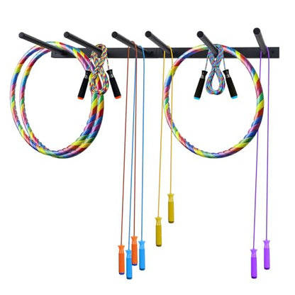 Wall Mounted Jump Rope Rack - 6 Peg Heavy-Duty Metal Gym Organizer for Resistance Bands, Hoops, and Ropes - Black Finish - Home/Gym Storage