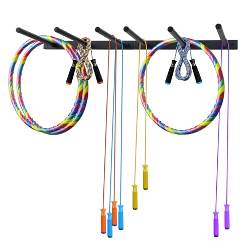 Wall Mounted Jump Rope Rack - 6 Peg Heavy-Duty Metal Gym Organizer for Resistance Bands, Hoops, and Ropes - Black Finish - Home/Gym Storage