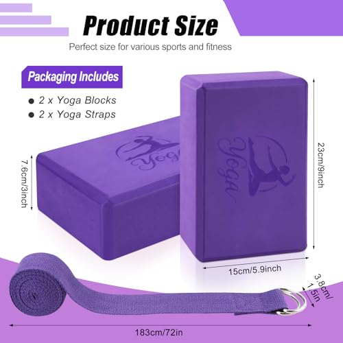 RETON Yoga Blocks Set, High - Density Yoga Block with 2 Strap, Lightweight Foam Brick Yoga Pilates Blocks, Anti-Slip Yoga Brick with Embossed Design for Posture Adjustment and Movement Assistance - color: Purple