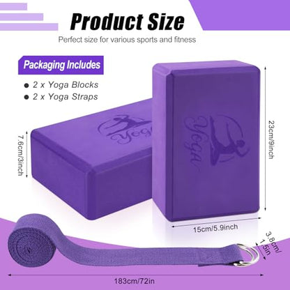 RETON Yoga Blocks Set, High - Density Yoga Block with 2 Strap, Lightweight Foam Brick Yoga Pilates Blocks, Anti-Slip Yoga Brick with Embossed Design for Posture Adjustment and Movement Assistance - color: Purple