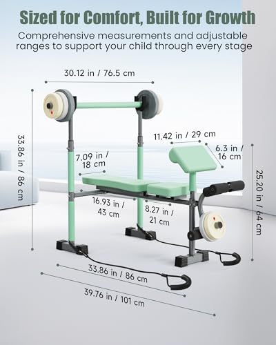 Kids Workout Equipment, Adjustable Kids Workout Bench with Preacher Pad & Leg Developer, Fillable Weight Plates for Home Gym Fitness & Exercise