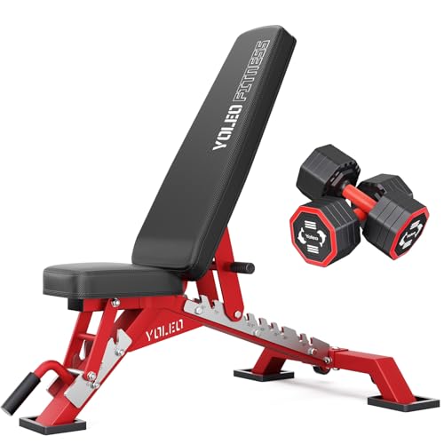 YOLEO Commercial Adjustable Weight Bench 2315LB ASTM Certified – 80% Pre-Assembled Heavy Duty Workout Bench for Home Gym, Decline/Flat/Incline Bench Press, 2.4" Thick Pad & 2 Wheels - color: Weight Bench + 2 Dumbbells