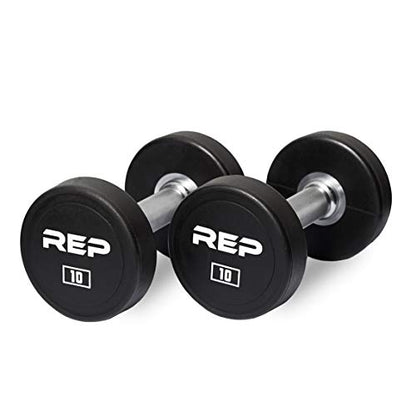 REP Fitness Urethane Coated Round Dumbbells, 5 to 100 lbs, Singles or Pairs, With or Without Rack, Steel Core, Rubber Encased, Chrome Handles, Professional Weights for Home Gym Strength Training - style: 10 lb Pair