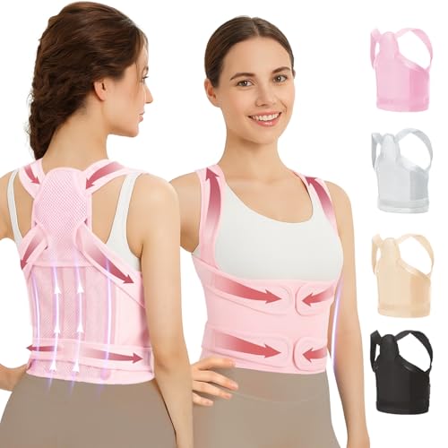 Posture Corrector for Women & Men, Adjustable Back Brace with Shoulder Straightener & Lumbar Support for Upper & Lower Back Pain Relief, Spine Support, Hunchback & Scoliosis, Pink, Small