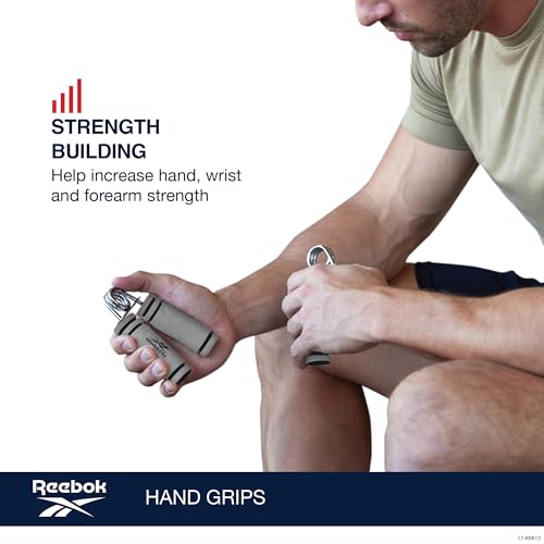 Reebok 2-Pack Hand Grips, Spring Coiled Wrist, Fingers & Forearm Strength Trainer with Soft Foam Handles, Improves Grip Strength, Resistance Hand Gripper for Manual Exercises & Rehab - color: Grey/Black