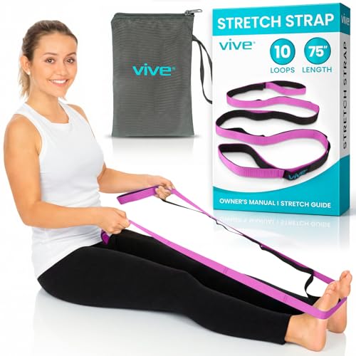 Vive Stretch Strap (75" - 10 Loops) - Leg Stretch Band to Improve Flexibility - Stretching Out Yoga Strap - Exercise and Physical Therapy Belt for Rehab, Pilates and Gymnastics with Guide Book - color: Pink