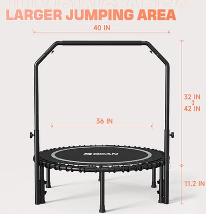 BCAN Adult Mini Trampoline, 40" Fitness Trampoline with Bungees, U Shape Adjustable Foam Handle, Stable & Quiet, Indoor Outdoor Workout-Silver