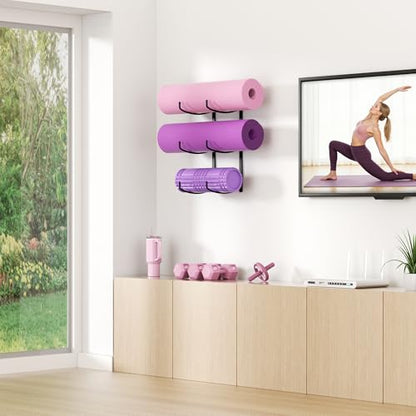 Yoga Mat Holder Wall Mount, 3-Tier Storage Rack for Yoga Mat, Foam Roller, Block, Yoga Accessories, Wall Organizer for Home Gym, Gym, Workout Room, Metal, Black