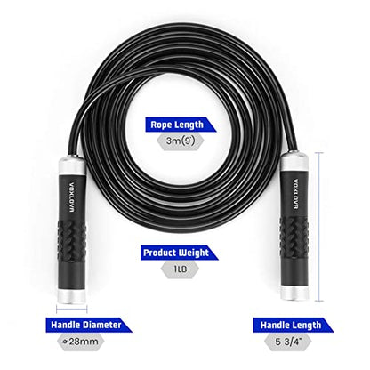 Weighted Jump Rope for Men Women - 1LB Heavy Jump Rope Weighted Skipping Rope for Adult Fitness Workouts Boxing Crossfit Cardio Weight-loss MMA, Non-Slip Aluminum Handles, Adjustable Length 9MM Solid PVC/Cotton Ropes - color: Black