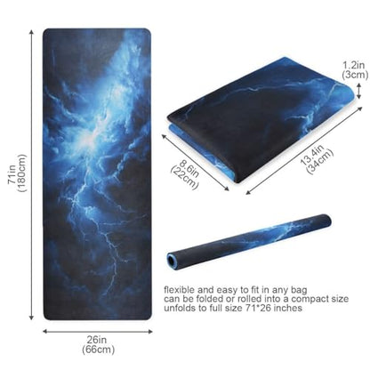Kigai Travel Yoga Mat 71" x 24" Non Slip Natural Rubber Foldable Exercise Mat Ultra Thin 1.5mm Lightweight for Fitness, Pilates & Home Workout, Blue Lightning