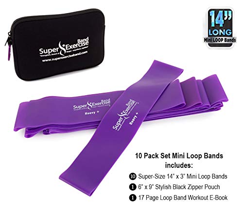USA 14" x 3" Extra Long Latex Free Mini Loop Bands in 3, 5, 10 Pack Sets. 10 Strengths for Resistance Training, Stretching, Yoga, Toning. Plus an Exclusive iPhone App and E-Book. - color: q. Purple HEAVY+ Loop Band 10 Pack