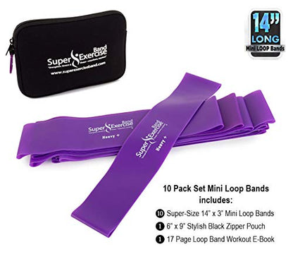 USA 14" x 3" Extra Long Latex Free Mini Loop Bands in 3, 5, 10 Pack Sets. 10 Strengths for Resistance Training, Stretching, Yoga, Toning. Plus an Exclusive iPhone App and E-Book. - color: q. Purple HEAVY+ Loop Band 10 Pack