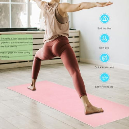 Yoga Mat Towel Non Slip for Hot Yoga, with a Sweat Towel, Anti-Slip Silicone Grip Dot, Waffle Fiber 400GSM,72'' x 25'' Mat Size,Grippy Yoga Mat Towel, Soft Absorbent for Hot Exercise,Bikram,Pilates