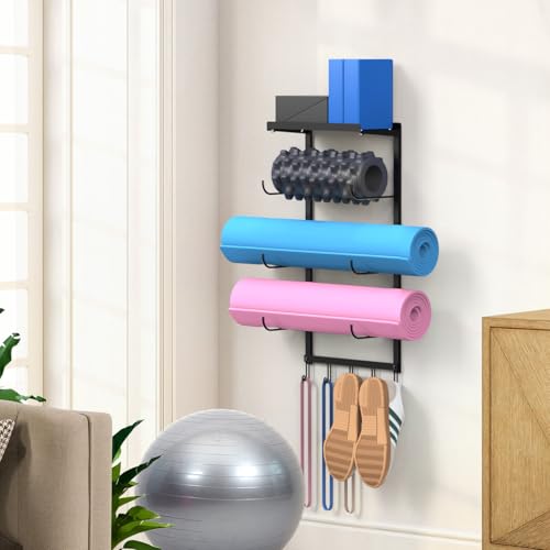 Yoga Mat Holder Wall Mount for Home Gym, 3-Tier Iron Yoga Mat Storage Rack & Organizer with Metal Shelf and 5 Hooks for Strap, Resistance Bands - Space Saving Wall Mounted Workout Equipment