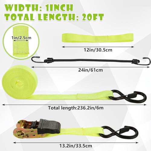 4 Pcs 1 Inch Ratchet Straps Heavy Duty 20ft Tie Down Straps Ratchet with Hooks, 2645 LBS Break Strength, Cargo Ratcheting Straps for Motorcycle Straps Tie Downs, Trucks, Yellow - color: Yellow