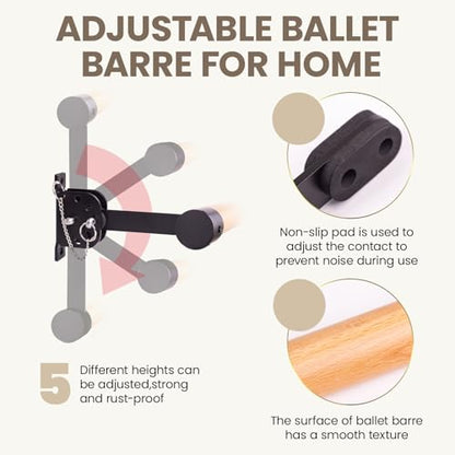 Adjustable Ballet Barre For Home,3Ft Wall Mounted Ballet Barre,Solid Wood Ballet Barre For Home,Ballet Bar with Ballet Stretch Band and Two Yoga Socks,Suitable For Dance Training,Pilates,Fitness