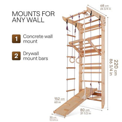Wooden Swedish Ladder Wall Set – Kids Stall Bars for Exercise – Kids Swedish Gymnastic Wall Gym – Wood Stall Bar Gymnastics Playground – Best Gym for All Family - color: Wood