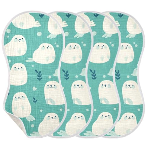 Cute Seal Teal Muslin Burp Cloths 2 Pack - Extra Large 22"x11", 4-Layer Soft Absorbent Cotton, Waterproof Backing, Baby Drool Rags for Newborn
