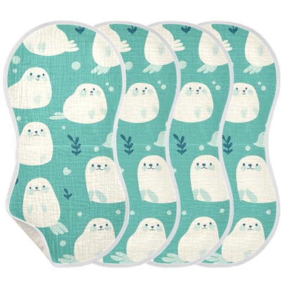 Cute Seal Teal Muslin Burp Cloths 2 Pack - Extra Large 22"x11", 4-Layer Soft Absorbent Cotton, Waterproof Backing, Baby Drool Rags for Newborn