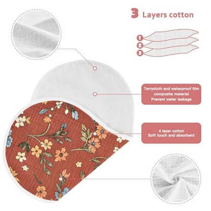Boho Floral Red Orange Muslin Burp Cloths 1 Pack - Extra Large 22"x11", 4-Layer Soft Absorbent Cotton, Waterproof Backing, Baby Drool Rags for Newborn