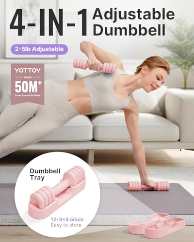YOTTOY Adjustable Dumbbell Set of 2, 4-in-1 Hand Weights for Women at Home, Compact Free Weights Dumbbells Set with Soft Grip and Base, 2-5 lbs Each for Home Gym - color: Pink