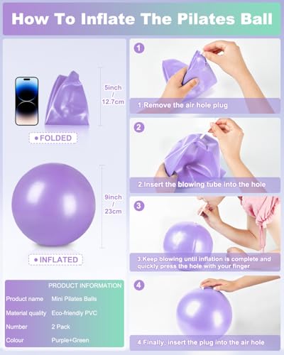 9 Inch Pilates Ball Small Exercise Ball, Workout Ball for Barre, Pilates, Yoga, Stability, Workout, Balance, Fitness at Gym Home Office - color: Purple and Green