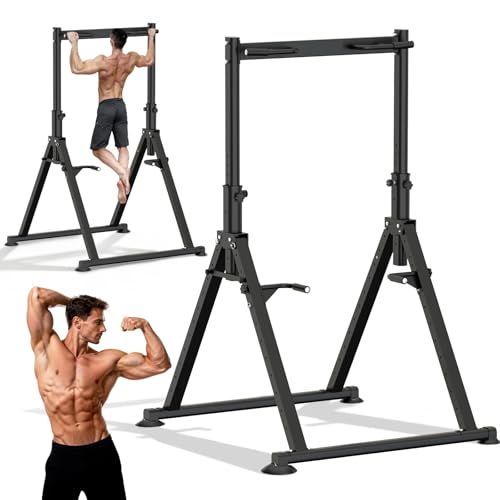 Folding Power Tower Dip Station Pull Up Bar, Multifunctional Pull Up Tower Adjustable Height, Triangular Structure Strength Training Workout Equipment for Home Gym Fitness