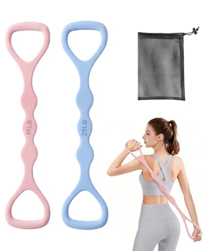 2 PCS Figure 8 Resistance Bands for Women, 15 Lbs & 25 Lbs Keep Resistance Band with Non-Slip Handles for Arms Back Chest & Shoulder