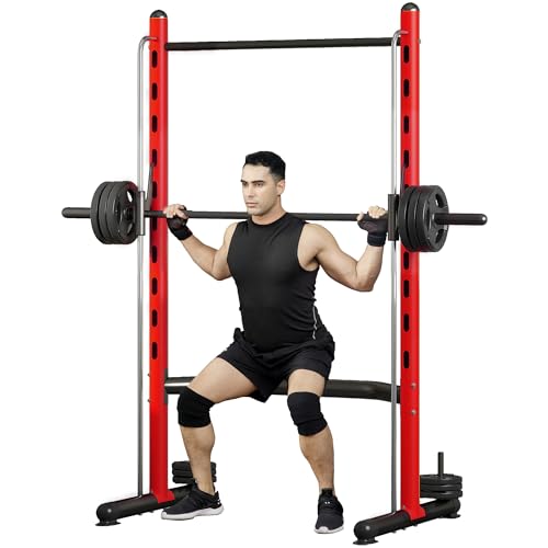 Soozier Squat Rack with Pull-Up Bar, Adjustable Power Rack with Barbell Bar, Multi-Functional Steel Bench Press Rack for Home Gym Strength Training, Black - color: Red