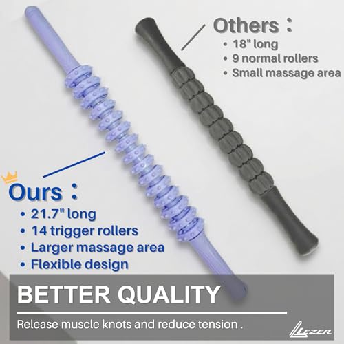 Flexible Massage Stick 21.7" Muscle Roller, 14 Roller Trigger Point, Deep Tissue Myofascial Release & Muscle Recovery, Bendable Body Massager for Neck, Back & Legs