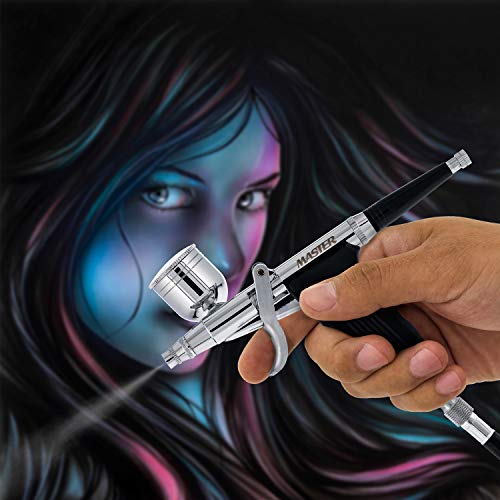 Master Airbrush SB80 Multi-Purpose Pistol Trigger Fixed Dual-Action Airbrush Set with 0.3mm Tip, 1/3 & 1/4 oz Side Bowl Cups - Spray Gun Control, Airbrush Gun for Auto Graphics, Art, Hobby Craft
