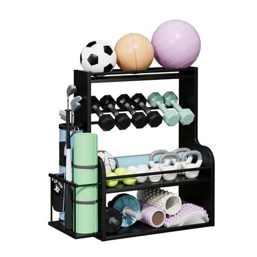 APRTAT Bamboo Dumbbell Rack, Adjustable Weight Rack for Home Gym, All-in-One Workout Equipment Storage for Dumbbells, Kettlebells, Yoga Mats & Balls