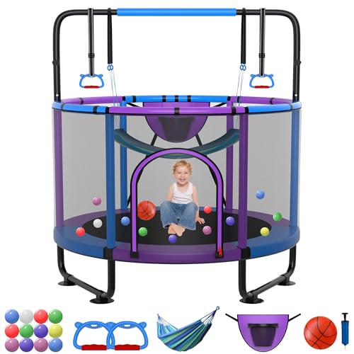SKYUP 54"/60''/66" Mini Trampoline for Kids Ages 3+, 400LBS No-Gap Toddler Trampoline with Net, Swing, Adjustable Gymnastics Bars, Basketball Hoop, Indoor/Outdoor Trampoline, Boys & Girls Gifts Toys - color: Purple, size: 4.5FT