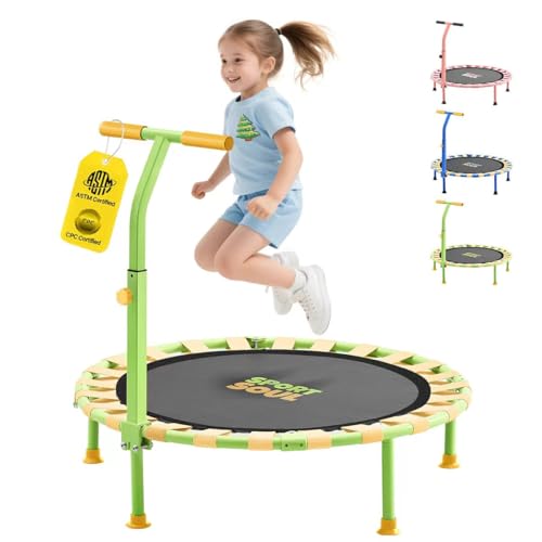 36'' Mini Trampoline for Kids 3-6, Foldable & Spring-Free, Small Toddler Trampoline Indoor Outdoor with Adjustable Handle Bar - color: Yellow & Green