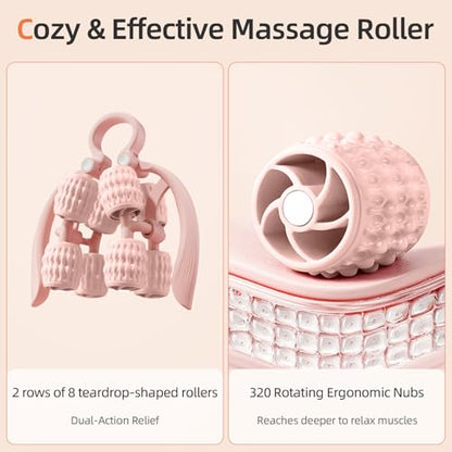 Abahub Manual Massage Roller, Cellulite Massage Roller for Men Women, Home Gym Deep Fascia Massager, 2-in-1 Relieve Muscle Soreness Massager for Arm, Thigh, Back & Shoulder, Pink