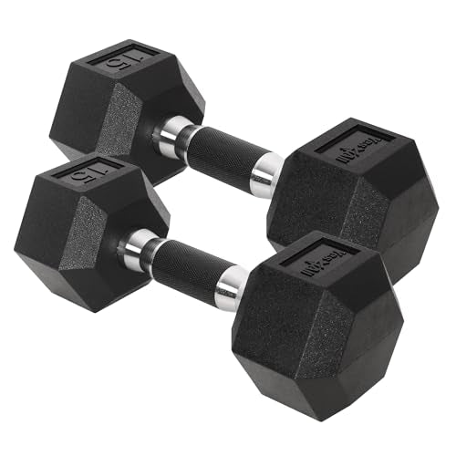 Yes4All Chrome/Rubber Grip Encased Hex Dumbbells – Hand Weights With Anti-Slip 10-30 LBS Pair - color: C. 15lbs - Pair, style: Rubber Grip