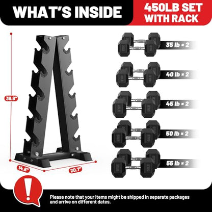 PAPABABE Hex Dumbbell Set with Rack, 85-560lb Rubber Encased Dumbbell Free Weights Dumbbells Set with Storage Rack, Hand Weights Set for Strength Training - style: 450lb (Pair of 35, 40, 45, 50, 55lb)& Rack