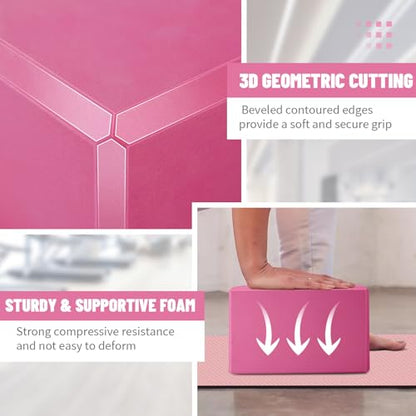 Yoga Blocks 2 Pack 3x6x9IN Foam Block Supportive Latex-Free with Stretch Band, Non-Slip Exercise Blocks for Pilates, Meditation, Balance, Stretching and Deep Poses - color: 2PACK-Magenta