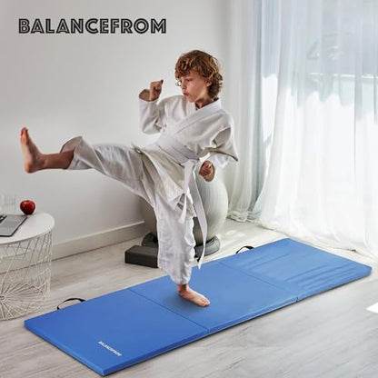 BalanceFrom 6x2 Feet 3-Panel Folding Gymnastics Mat – 1.5-Inch Thick Pad with Vinyl Surface and Carrying Handles for Tumbling, Yoga, Pilates, Home Workouts, and Martial Arts - color: Blue