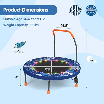 Goplus Foldable Toddler Trampoline for Kids, 36'' Recreational Mini Trampoline w/20 LED Lights, Foam Handle, Padded Safety Cover, Indoor Outdoor Exercise Rebounder for Boys Girls Aged 3-6 - style: Navy-Ocean