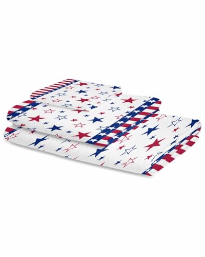 4th of July Bath Towels Set of 3 for Bathroom,Soft Absorbent Shower Beach Hand Face Hair Yoga Workout Gym Towel Dish Wahcloth,Blue Red Stripe Stars Independence Day Quick Dry Kitchen Bath Towels+Set
