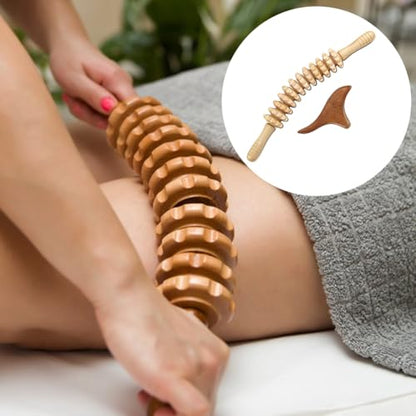 Wooden Massage Roller Stick with Triangle Massager, 12 Rollers Curved Wood Therapy-Massage Tool for Cellulite Reduction and Muscle Tension, 16.9inch