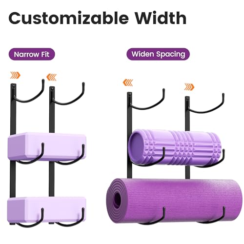 Yoga Mat Holder Wall Mount, 3-Tier Storage Rack for Yoga Mat, Foam Roller, Block, Yoga Accessories, Wall Organizer for Home Gym, Gym, Workout Room, Metal, Black